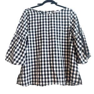 Valerie Stevens Black and White Gingham Bell Sleeves with Button Backing Blouse